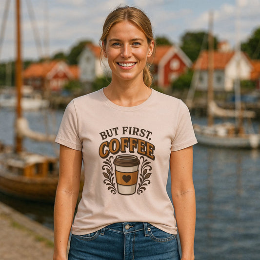 Alt Tag: Mujer usando But First Coffee 100% Organic Cotton T-Shirt beige con gráfico de taza de café, estilo casual al aire libre