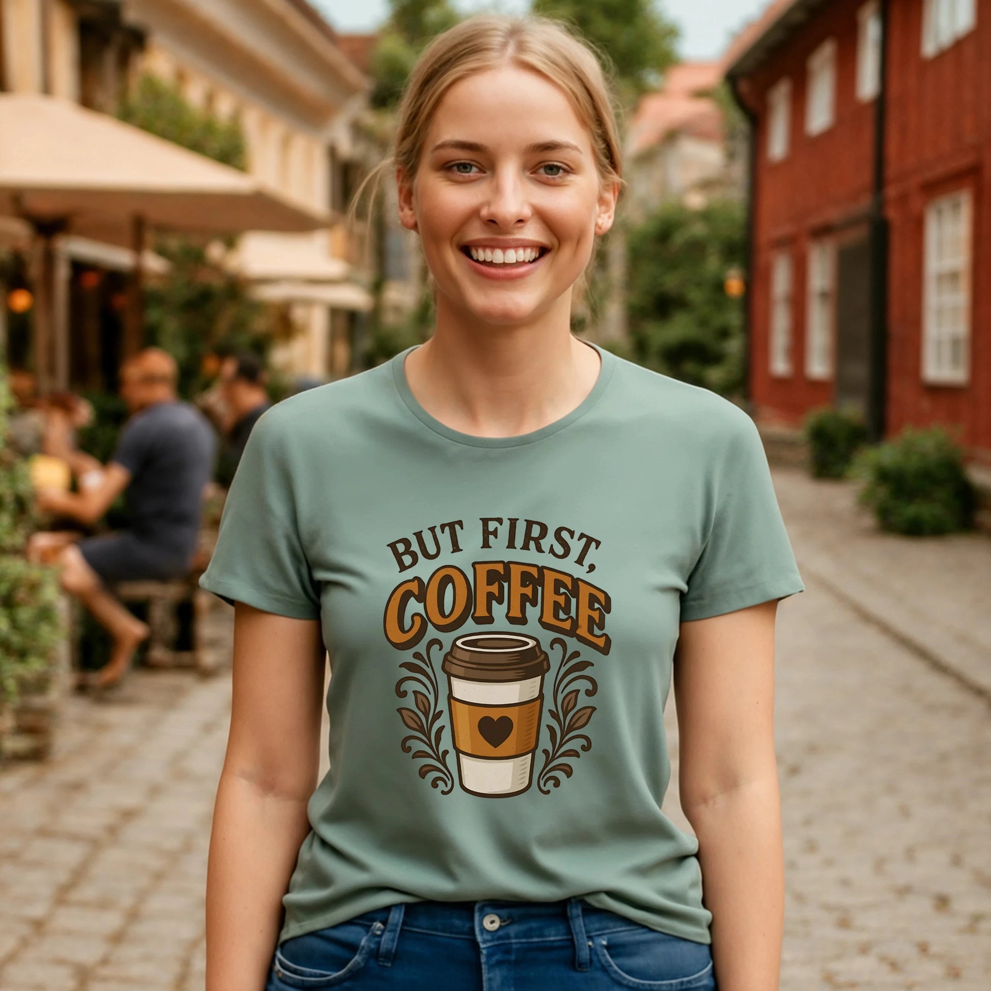 But First Coffee 100% Organic Cotton T-Shirt on smiling woman, front view, casual fit graphic tee with coffee cup design