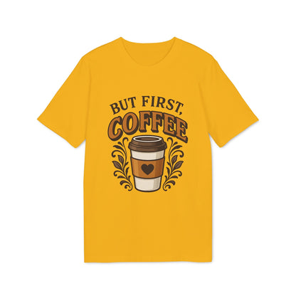 But First Coffee 100% Organic Cotton T-Shirt amarilla con gráfico de taza de café y texto “BUT FIRST COFFEE”