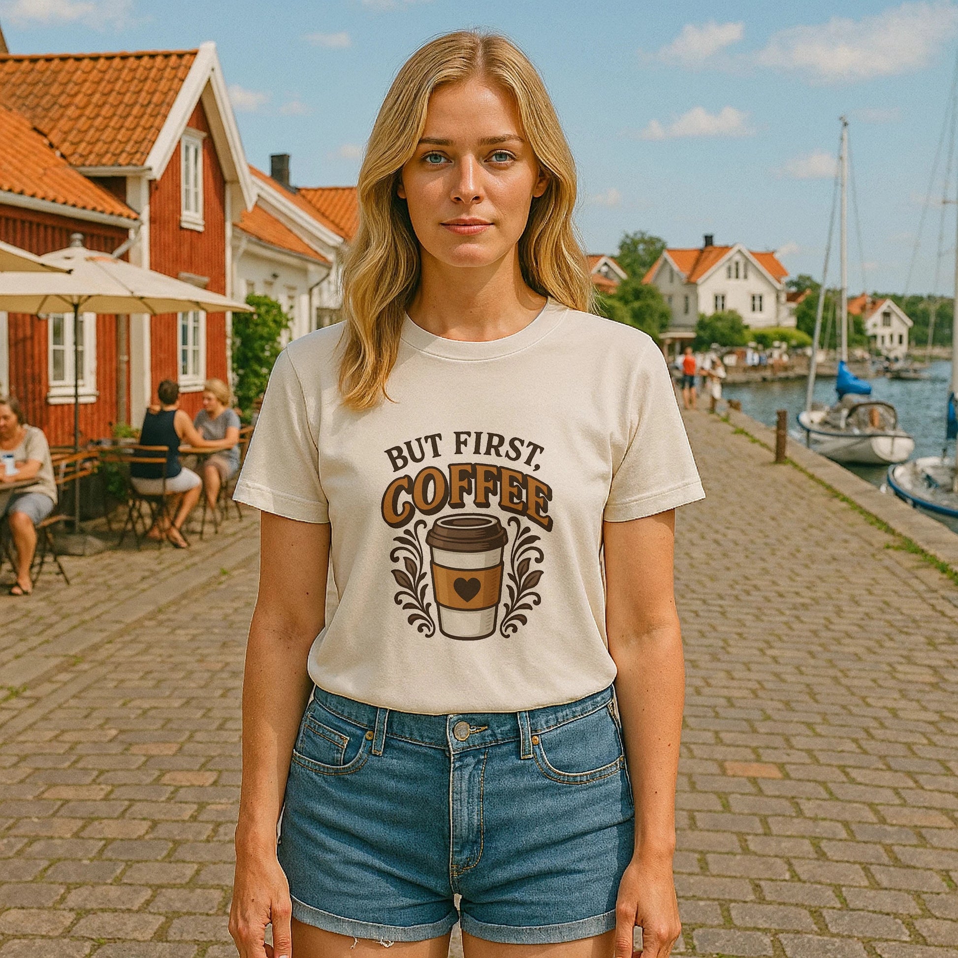 Alt Tag: But First Coffee 100% Organic Cotton T-Shirt worn by woman, cream tee with “BUT FIRST COFFEE” graphic and cup, casual fit