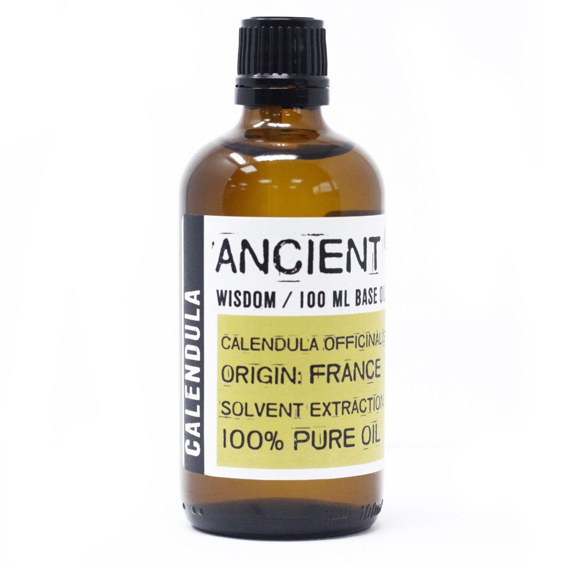 Alt Tag: Calendula Flower Base Oil – 100 ML amber glass bottle with black cap, calendula officinalis base oil label, 100 ml