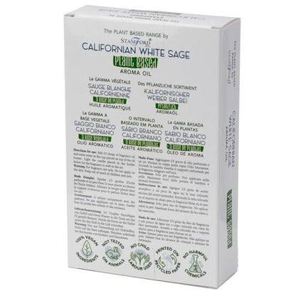 Californian White Sage Aroma Oil – 6x2.5 CM plant-based aroma oil box packaging, Stamford range, ingredients and usage information