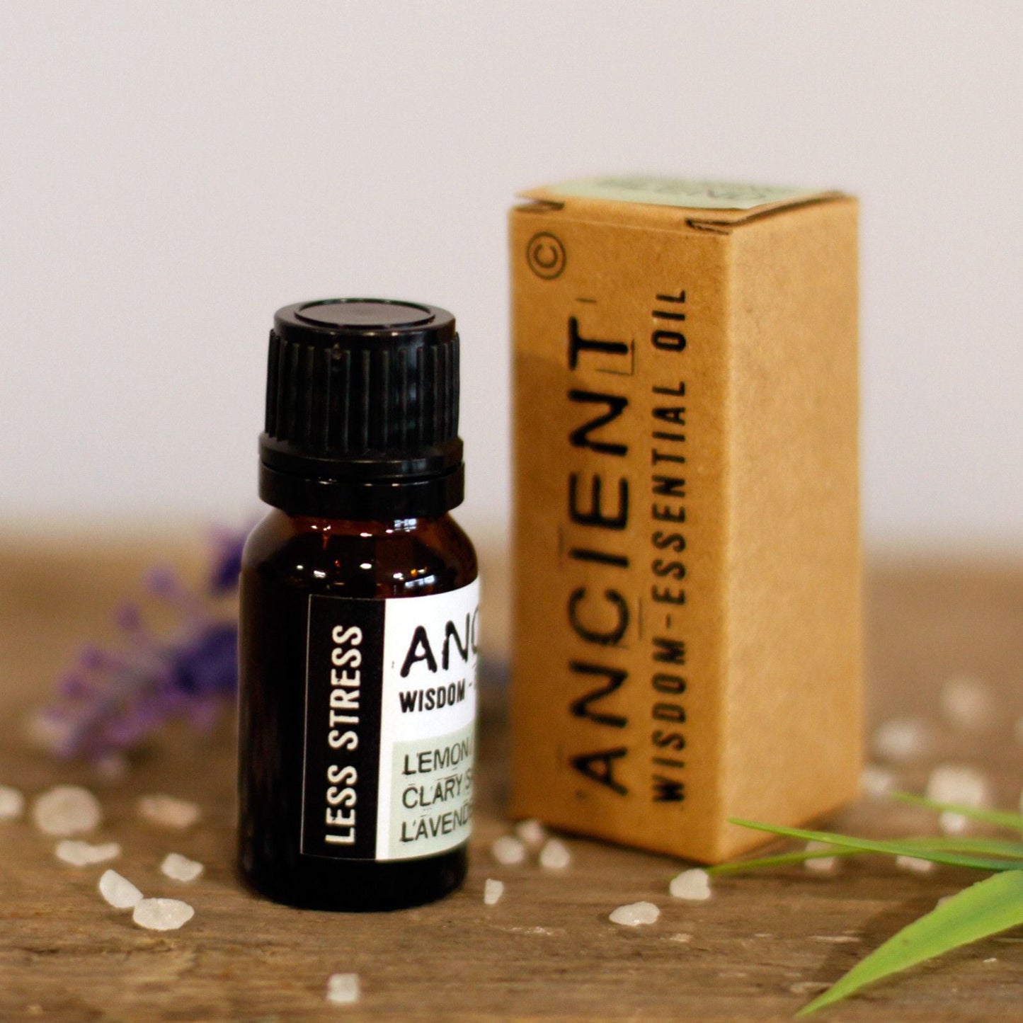Calming Essential Oil Blend – 10ML Boxed, Ancients Wisdom bottle with boxed packaging on wooden surface