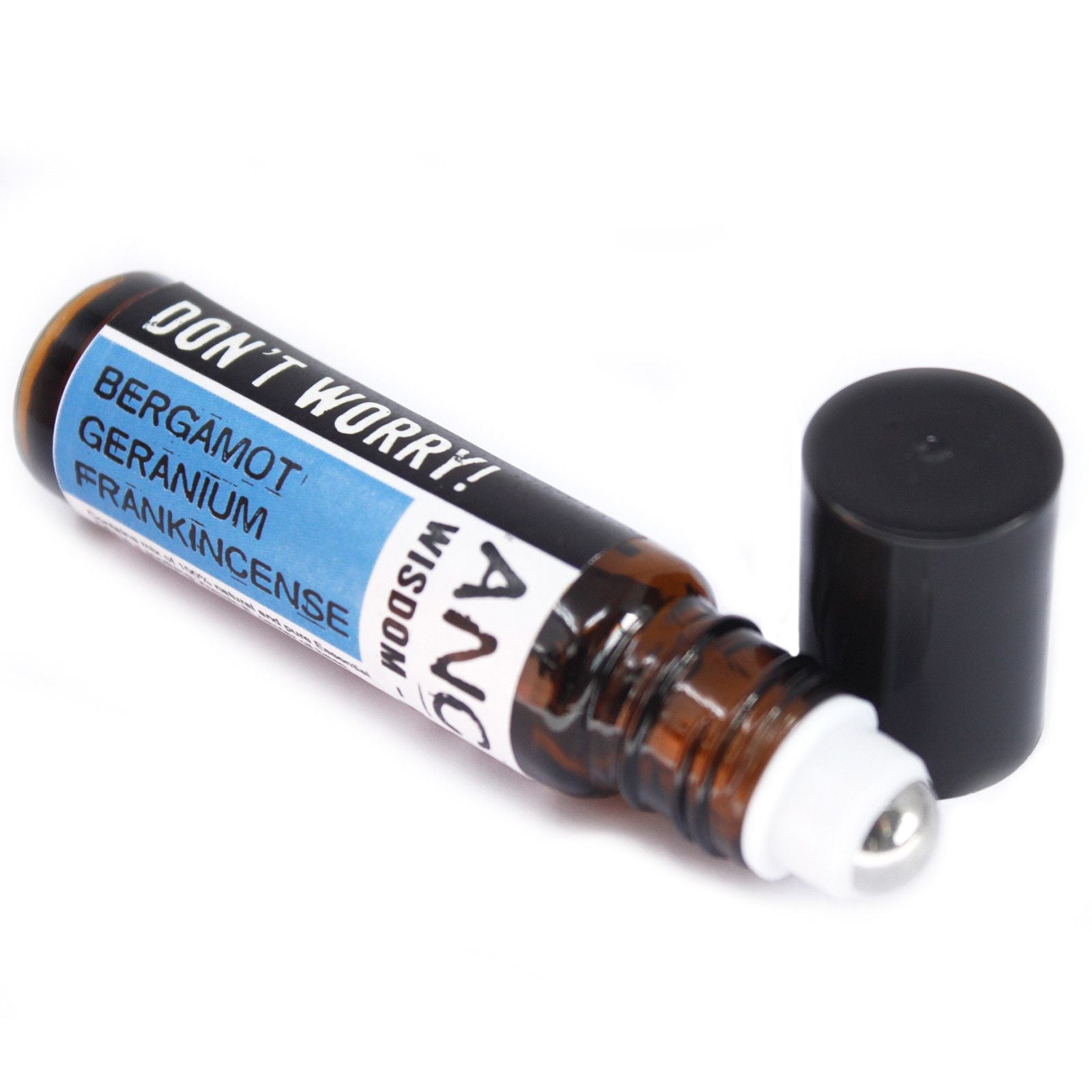 Alt Tag: Calming Essential Oil Blend – 10ML Roll-On roll-on bottle with bergamot, geranium and frankincense ingredients label, 10ml
