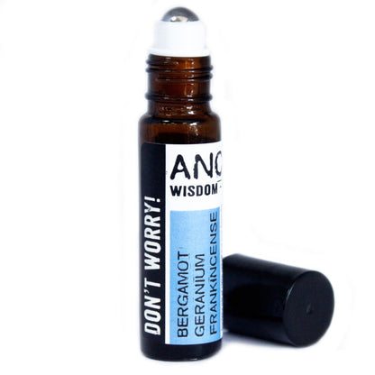 Calming Essential Oil Blend – 10ML Roll-On amber glass roller bottle with black cap, labeled bergamot, geranium and frankincense