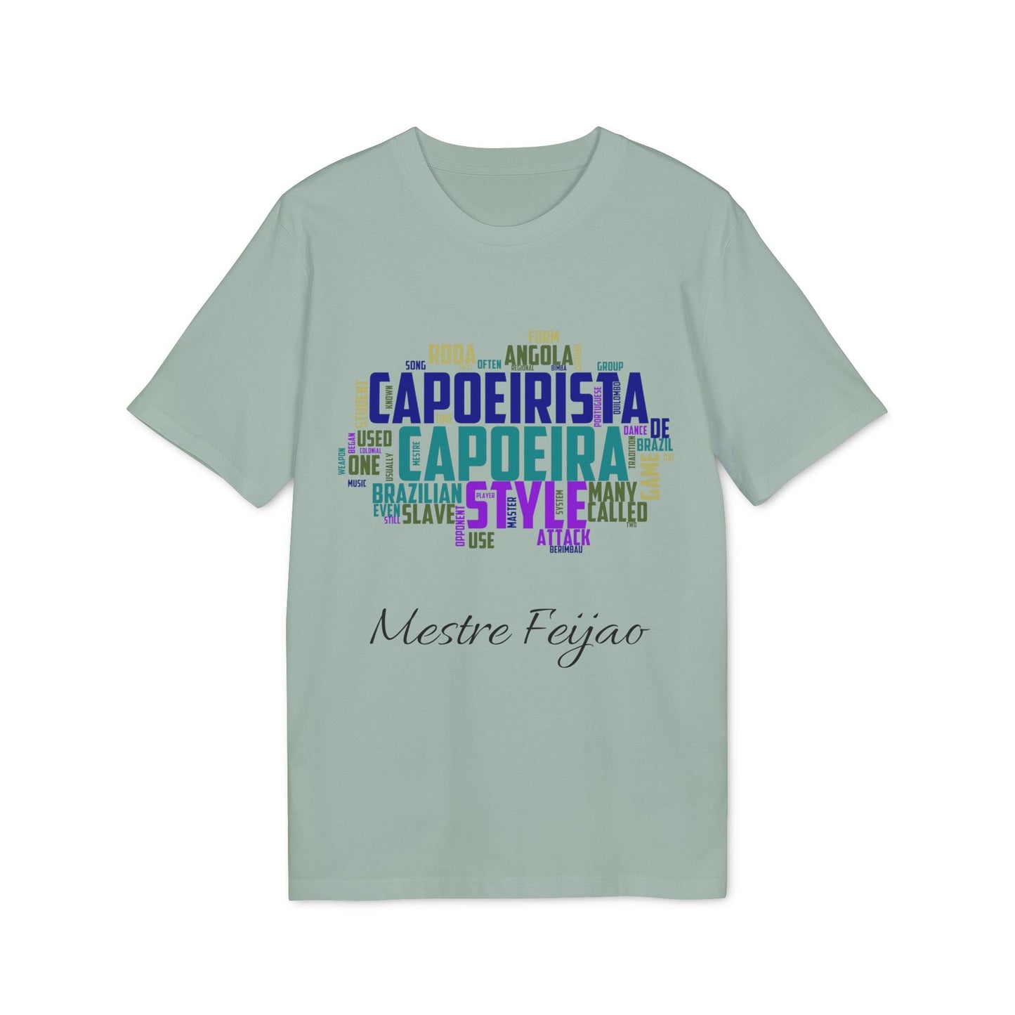 Capoeira Personalizado 100% Organic Cotton T-Shirt con diseño tipográfico “Capoeirista” y nombre personalizado “Mestre Feijao”