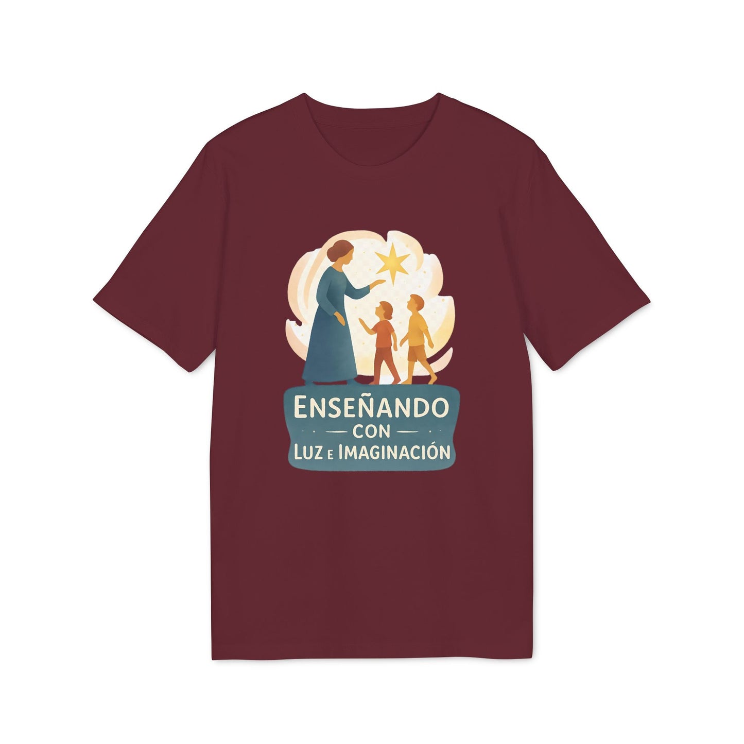 Alt Tag: Camiseta granate con ilustración de maestra y niños y texto “Enseñando con Luz e Imaginacion para Profesor Waldorf”