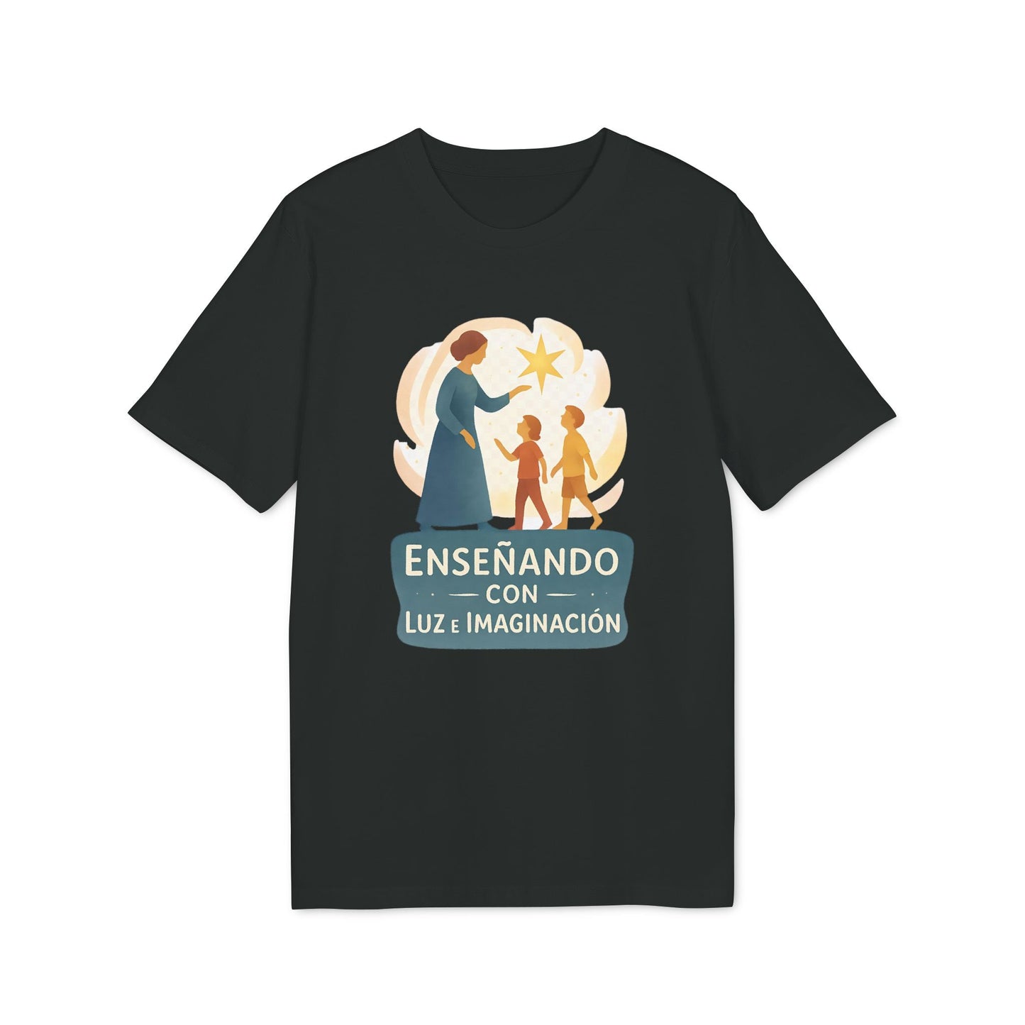 Alt Tag: Camiseta negra con ilustración docente y niños, texto “Enseñando con Luz e Imaginacion para Profesor Waldorf”