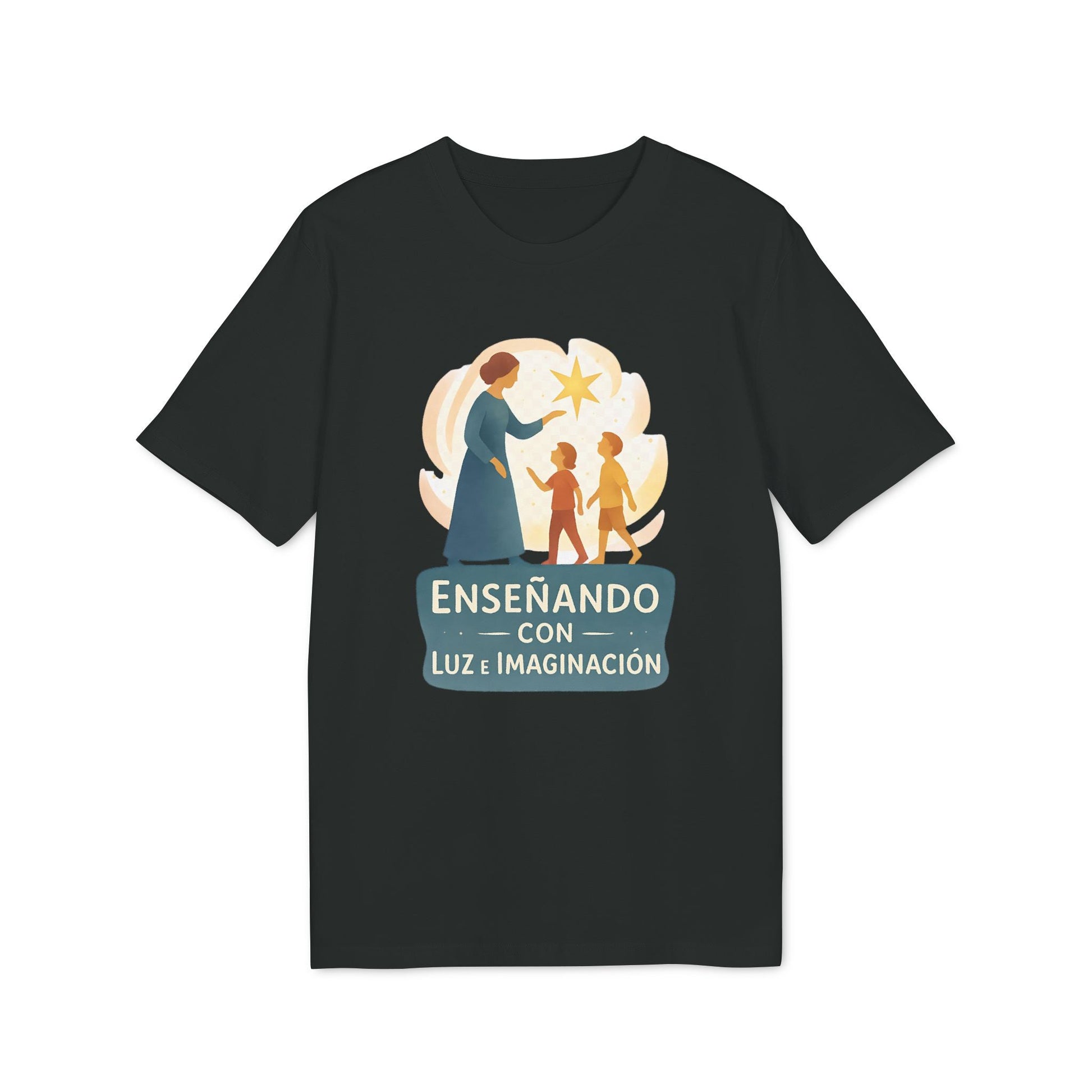 Alt Tag: Camiseta negra con ilustración docente y niños, texto “Enseñando con Luz e Imaginacion para Profesor Waldorf”