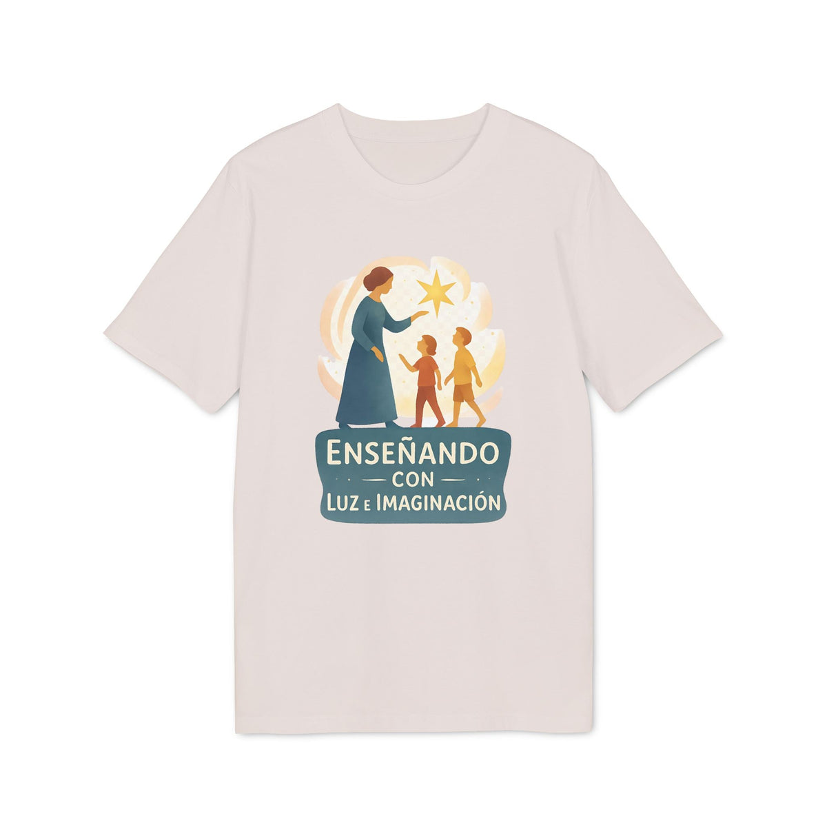 Alt Tag: Camiseta Enseñando con Luz e Imaginacion para Profesor Waldorf con ilustración de maestra y niños bajo una estrella, texto “Enseñando con luz e imaginación”