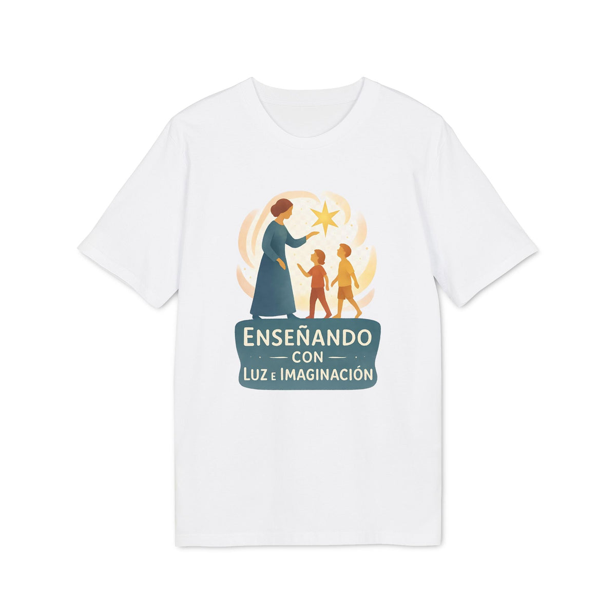 Camiseta blanca con ilustración de maestra y niños y texto Enseñando con Luz e Imaginacion para Profesor Waldorf
