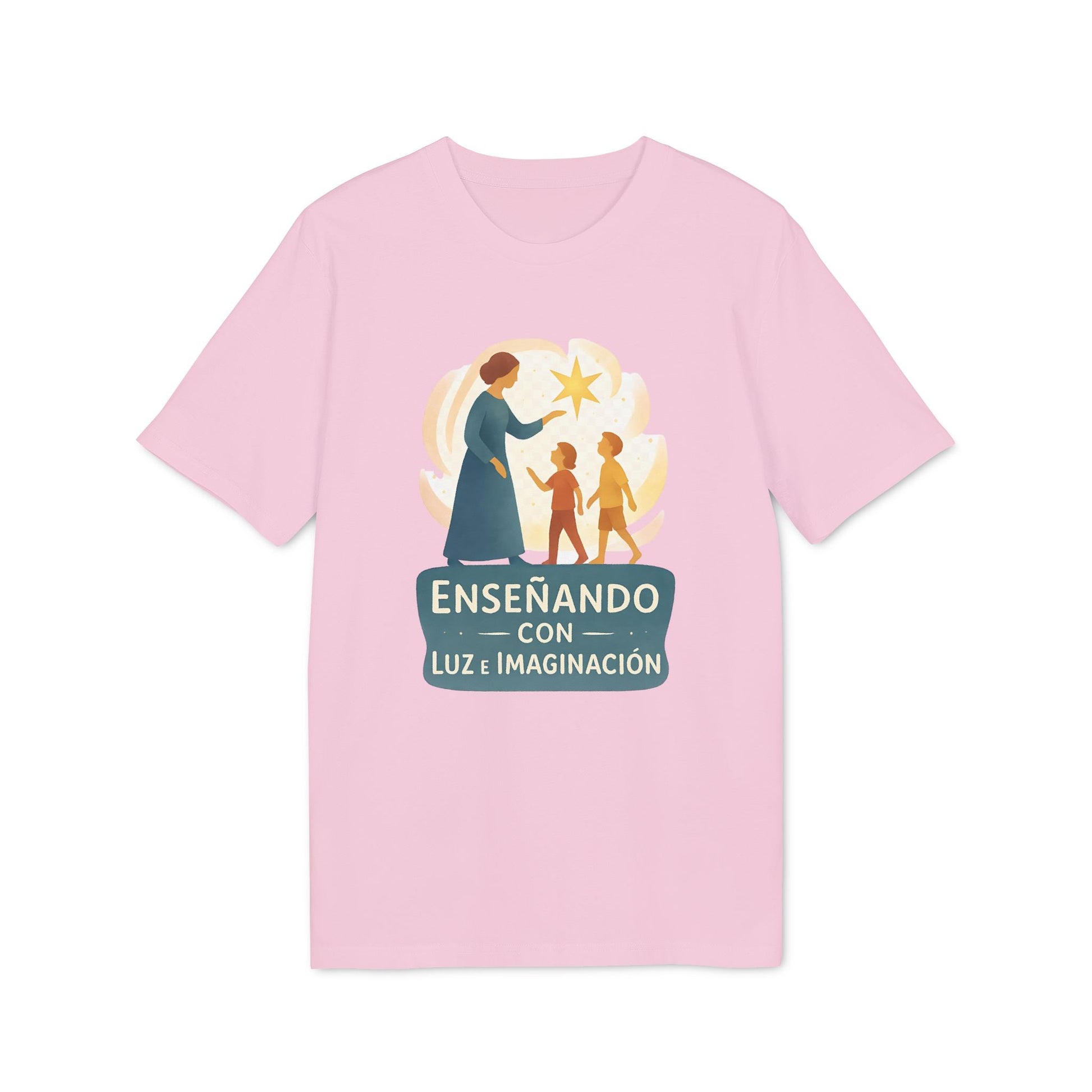 Enseñando con Luz e Imaginacion para Profesor Waldorf camiseta rosa con ilustración de maestra y niños y texto “Enseñando con Luz e Imaginación”