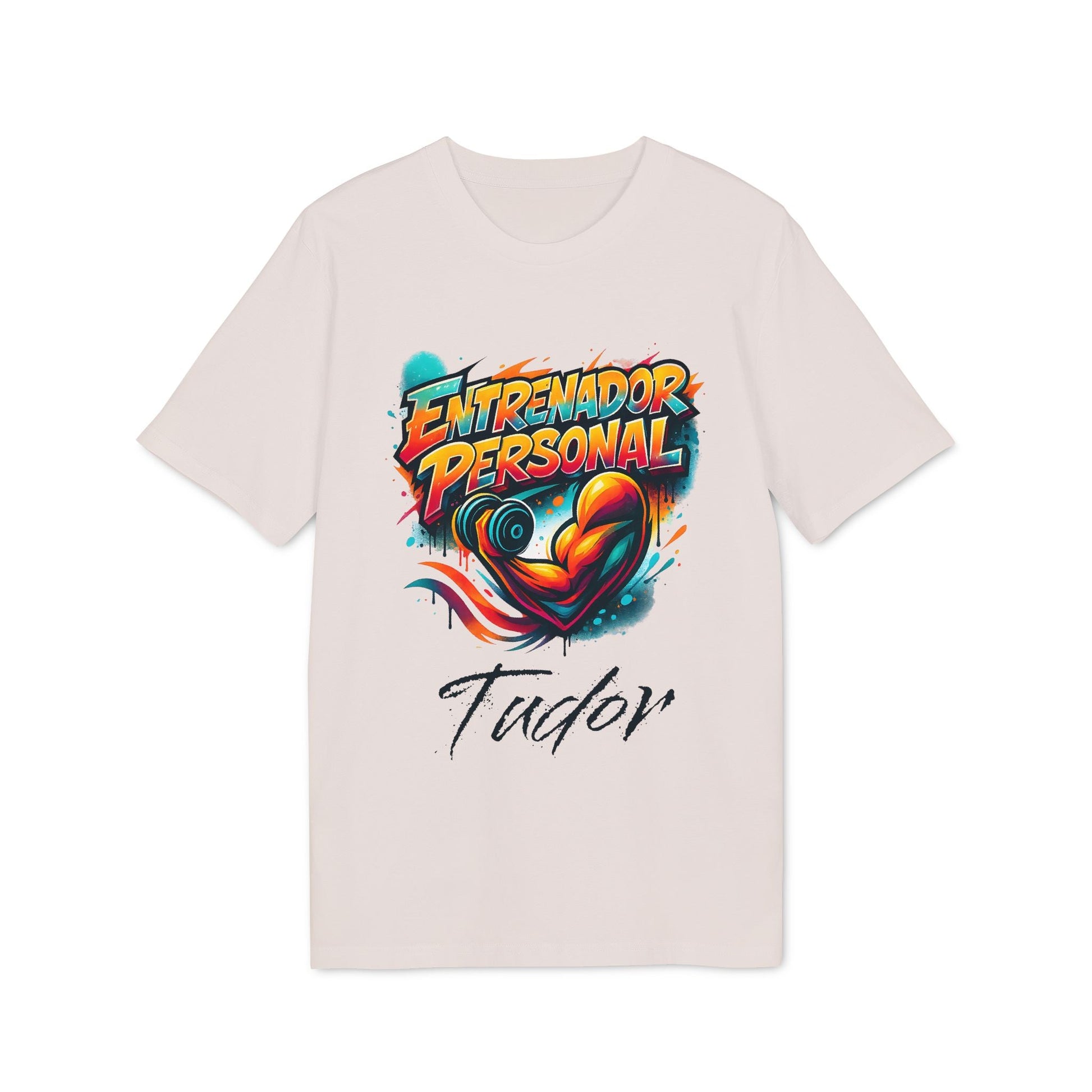 Personal Trainer Personalized Spanish 100% Organic Cotton T-Shirt with "Entrenador Personal" graphic and custom name "Tutor"