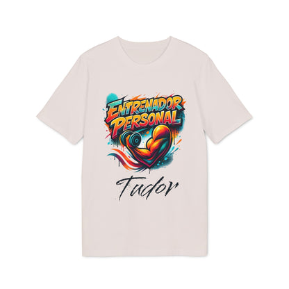 Personal Trainer Personalized Spanish 100% Organic Cotton T-Shirt with "Entrenador Personal" graphic and custom name "Tutor"