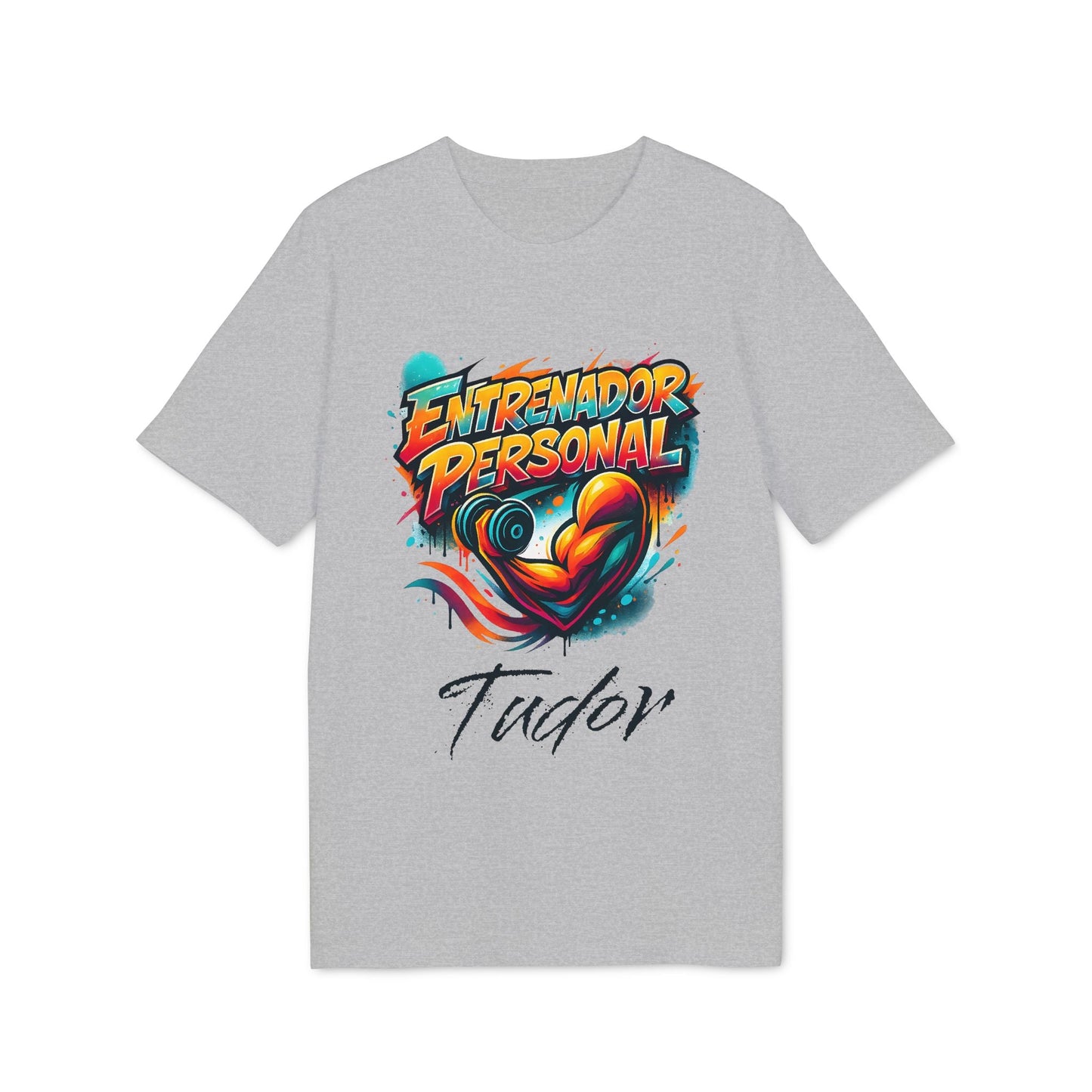 Personal Trainer Personalized Spanish 100% Organic Cotton T-Shirt, camiseta gris con diseño “Entrenador Personal” y nombre personalizado Tudor