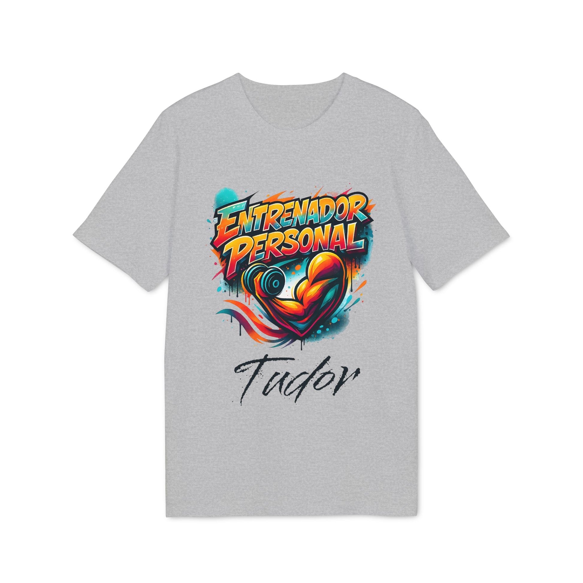 Personal Trainer Personalized Spanish 100% Organic Cotton T-Shirt, camiseta gris con diseño “Entrenador Personal” y nombre personalizado Tudor
