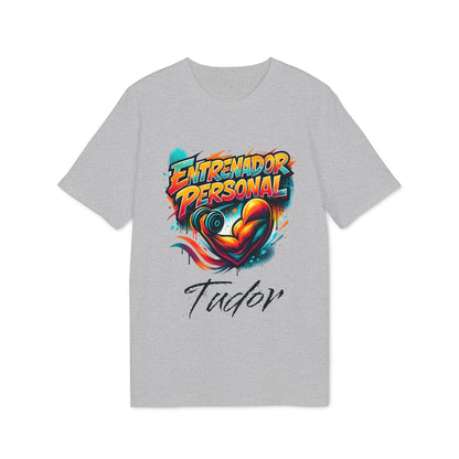 Personal Trainer Personalized Spanish 100% Organic Cotton T-Shirt, camiseta gris con diseño “Entrenador Personal” y nombre personalizado Tudor