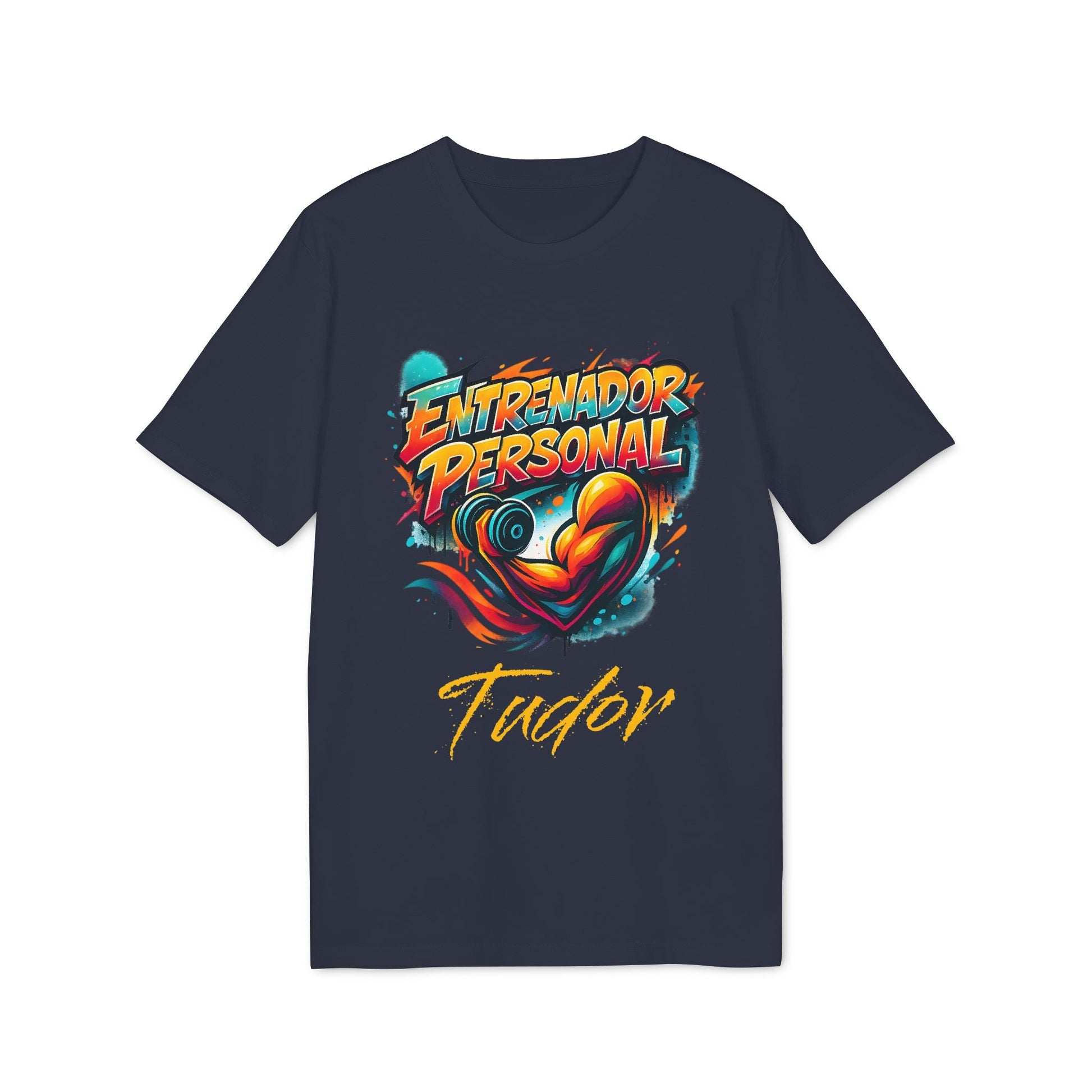 Personal Trainer Personalized Spanish 100% Organic Cotton T-Shirt camiseta azul marino con diseño “Entrenador Personal” y nombre Tudor