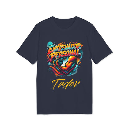 Personal Trainer Personalized Spanish 100% Organic Cotton T-Shirt camiseta azul marino con diseño “Entrenador Personal” y nombre Tudor