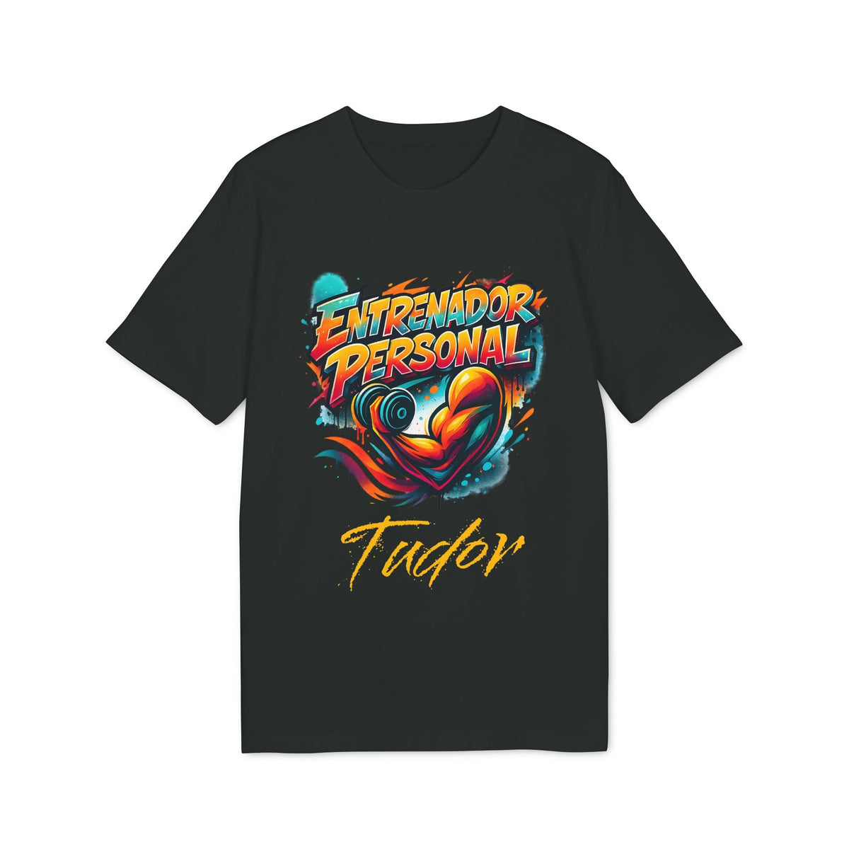 Alt Tag: Personal Trainer Personalized Spanish 100% Organic Cotton T-Shirt negra con diseño “Entrenador Personal” y nombre personalizado Tudor