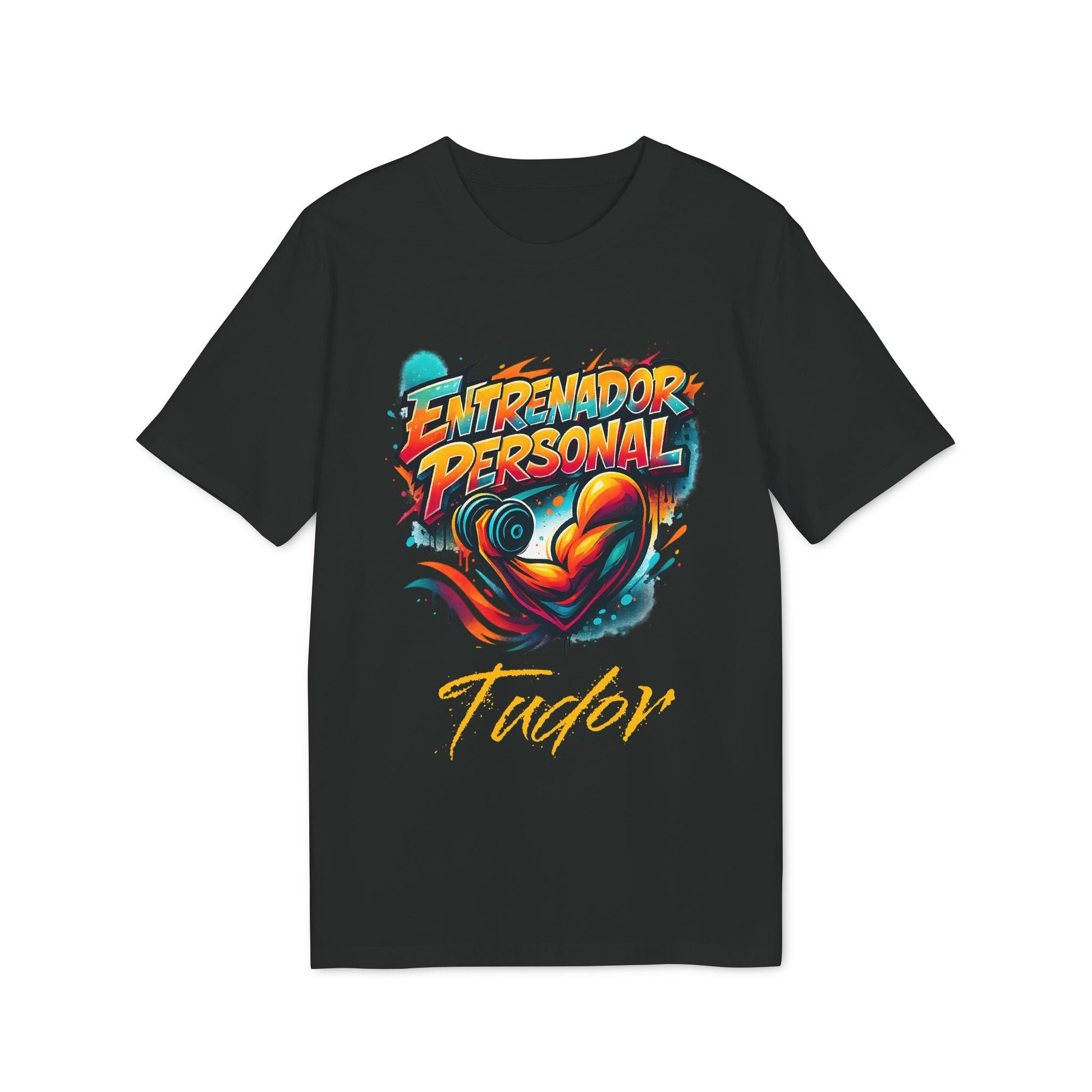 Alt Tag: Personal Trainer Personalized Spanish 100% Organic Cotton T-Shirt negra con diseño “Entrenador Personal” y nombre personalizado Tudor