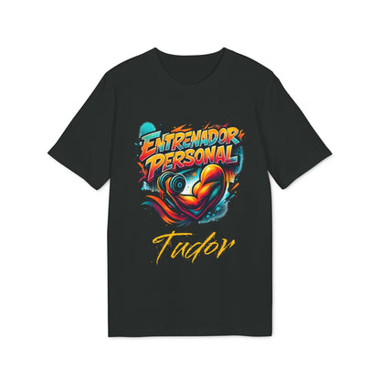 Alt Tag: Personal Trainer Personalized Spanish 100% Organic Cotton T-Shirt negra con diseño “Entrenador Personal” y nombre personalizado Tudor