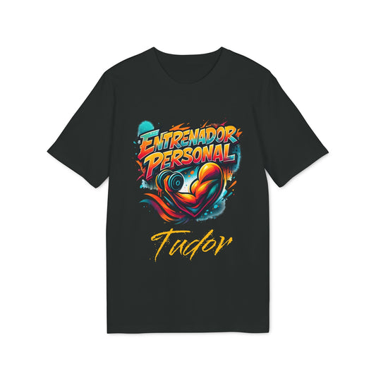 Alt Tag: Personal Trainer Personalized Spanish 100% Organic Cotton T-Shirt negra con diseño “Entrenador Personal” y nombre personalizado Tudor