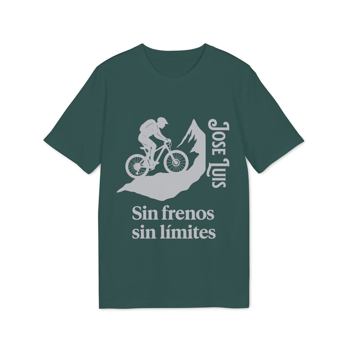 Personalizada Mountain Bike Sin Frenos Sin Limites Sustainable Unisex Tee camiseta verde con ciclista en montaña, texto “Sin frenos sin límites”