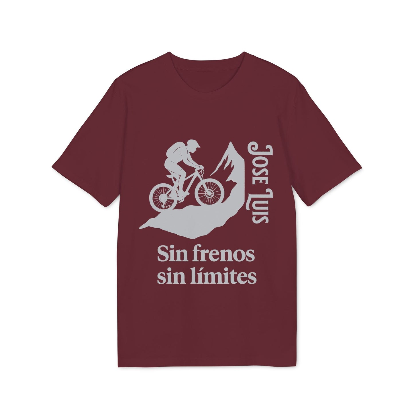 Personalizada Mountain Bike Sin Frenos Sin Limites Sustainable Unisex Tee color burdeos con gráfico ciclista, montaña y texto “Sin frenos sin límites”