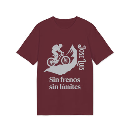 Personalizada Mountain Bike Sin Frenos Sin Limites Sustainable Unisex Tee color burdeos con gráfico ciclista, montaña y texto “Sin frenos sin límites”