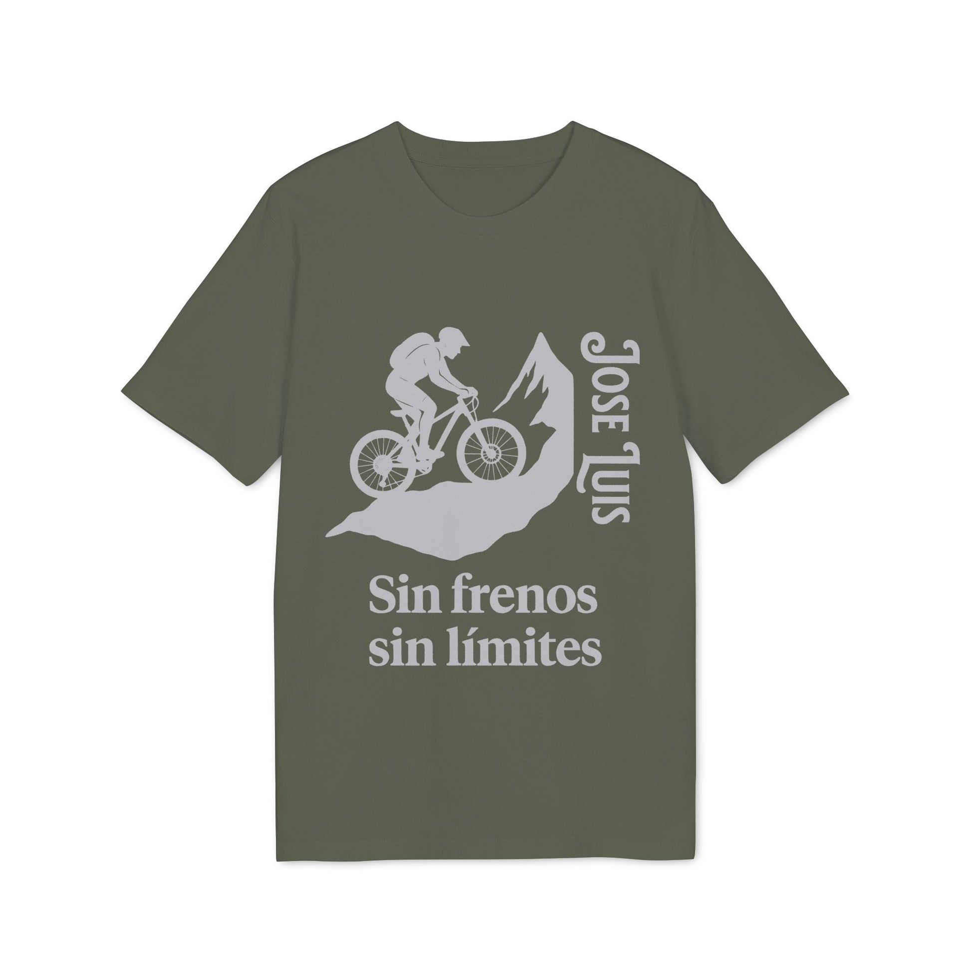 Personalizada Mountain Bike Sin Frenos Sin Limites Sustainable Unisex Tee camiseta verde con ciclista de montaña y texto “Sin frenos sin límites”