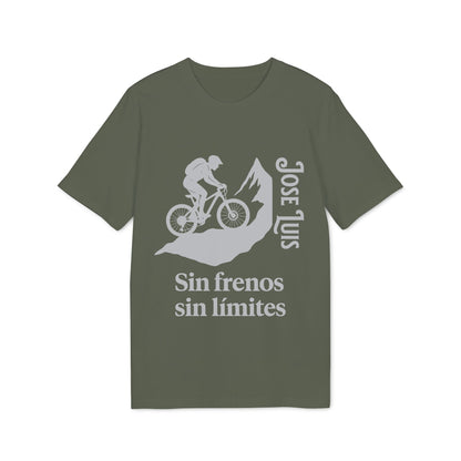Personalizada Mountain Bike Sin Frenos Sin Limites Sustainable Unisex Tee camiseta verde con ciclista de montaña y texto “Sin frenos sin límites”