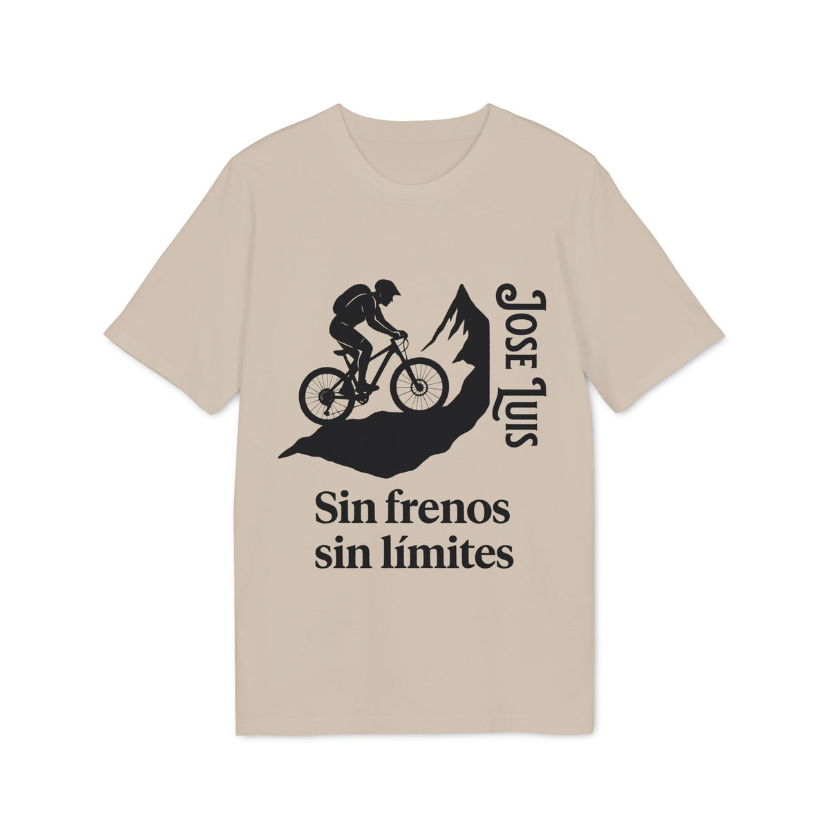 Personalizada Mountain Bike Sin Frenos Sin Limites Sustainable Unisex Tee beige con ciclista en montaña y texto “Sin frenos sin límites”