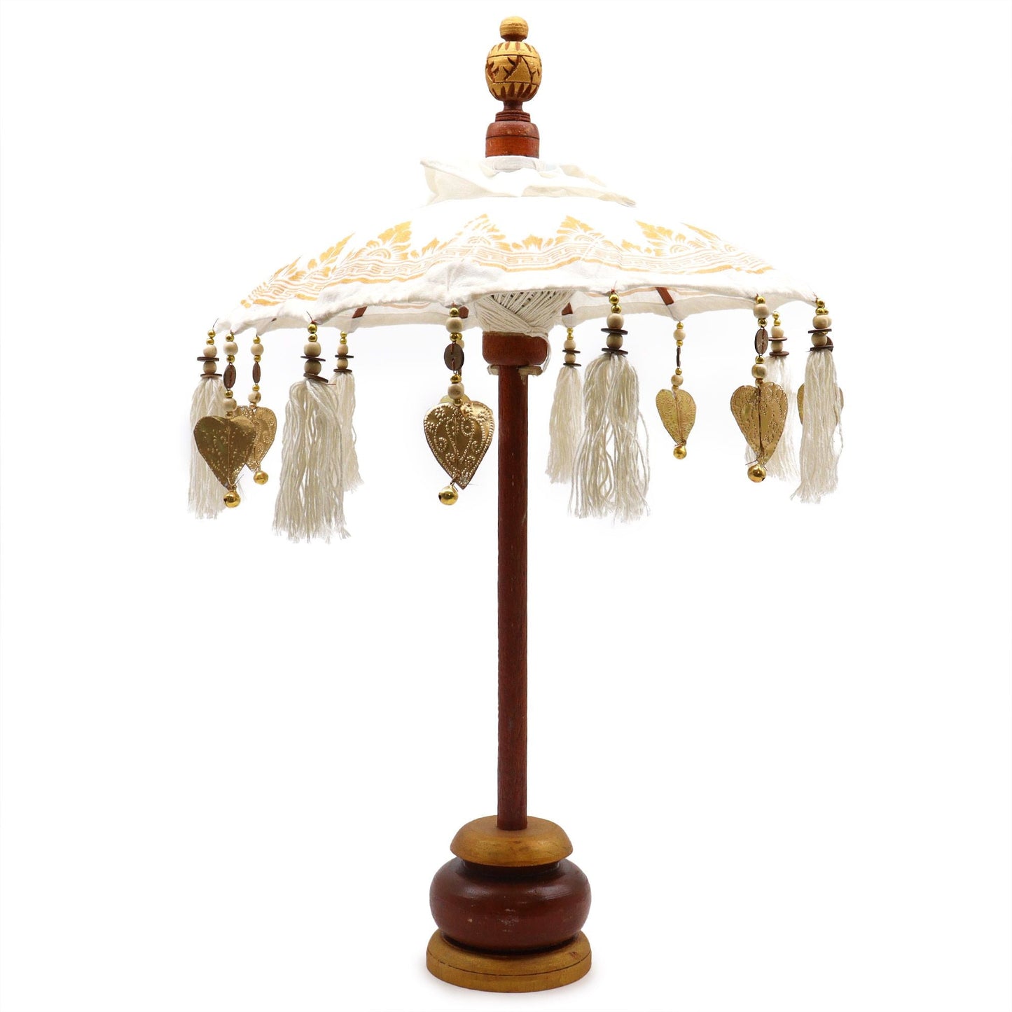 Alt Tag: Canvas Bali Decor Parasol – Vit & Guld 40CM, vit canvasparasoll med gulddetaljer, tofsar och träställning