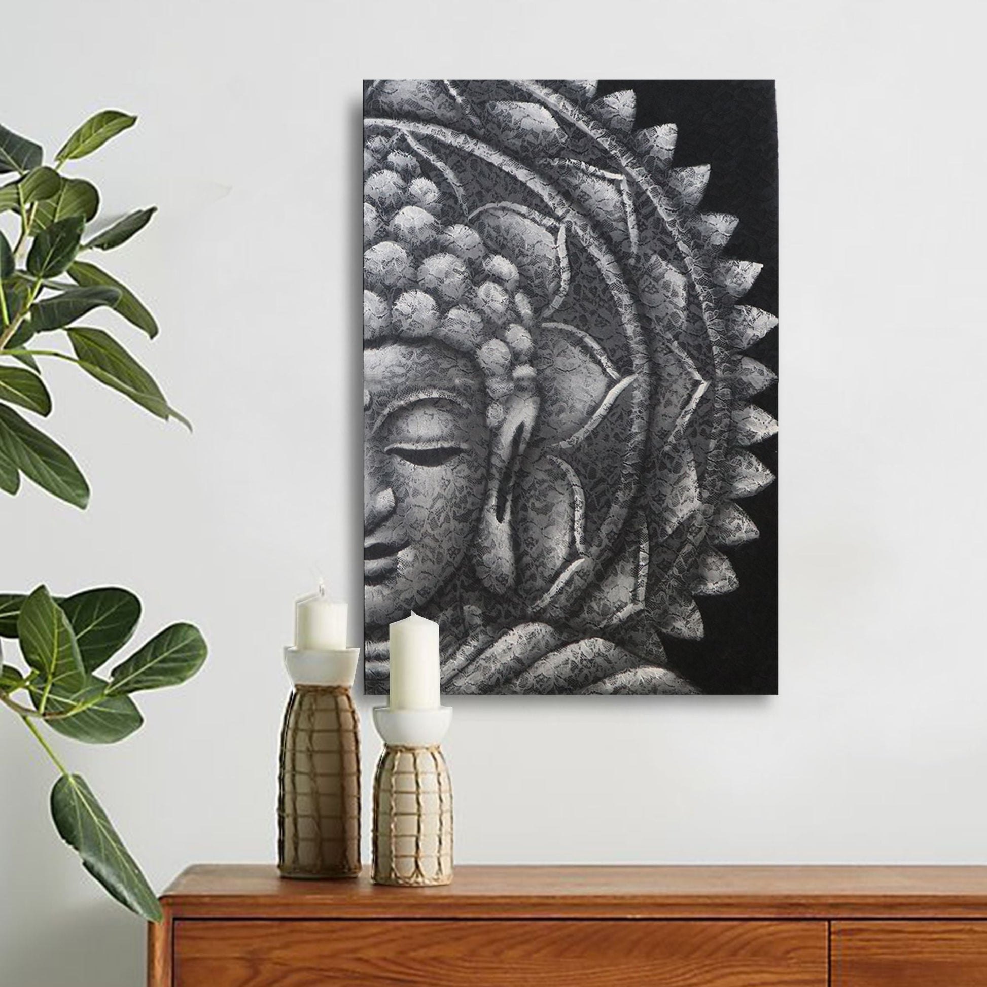 Canvas Buddha-Mandala-Wandbild – 60x80 CM schwarz-weißes Buddha-Mandala-Canvas-Wanddekor mit Rahmen aus Naturholz