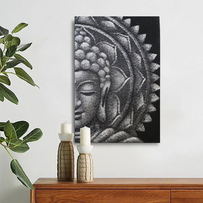 Canvas Buddha-Mandala-Wandbild – 60x80 CM schwarz-weißes Buddha-Mandala-Canvas-Wanddekor mit Rahmen aus Naturholz