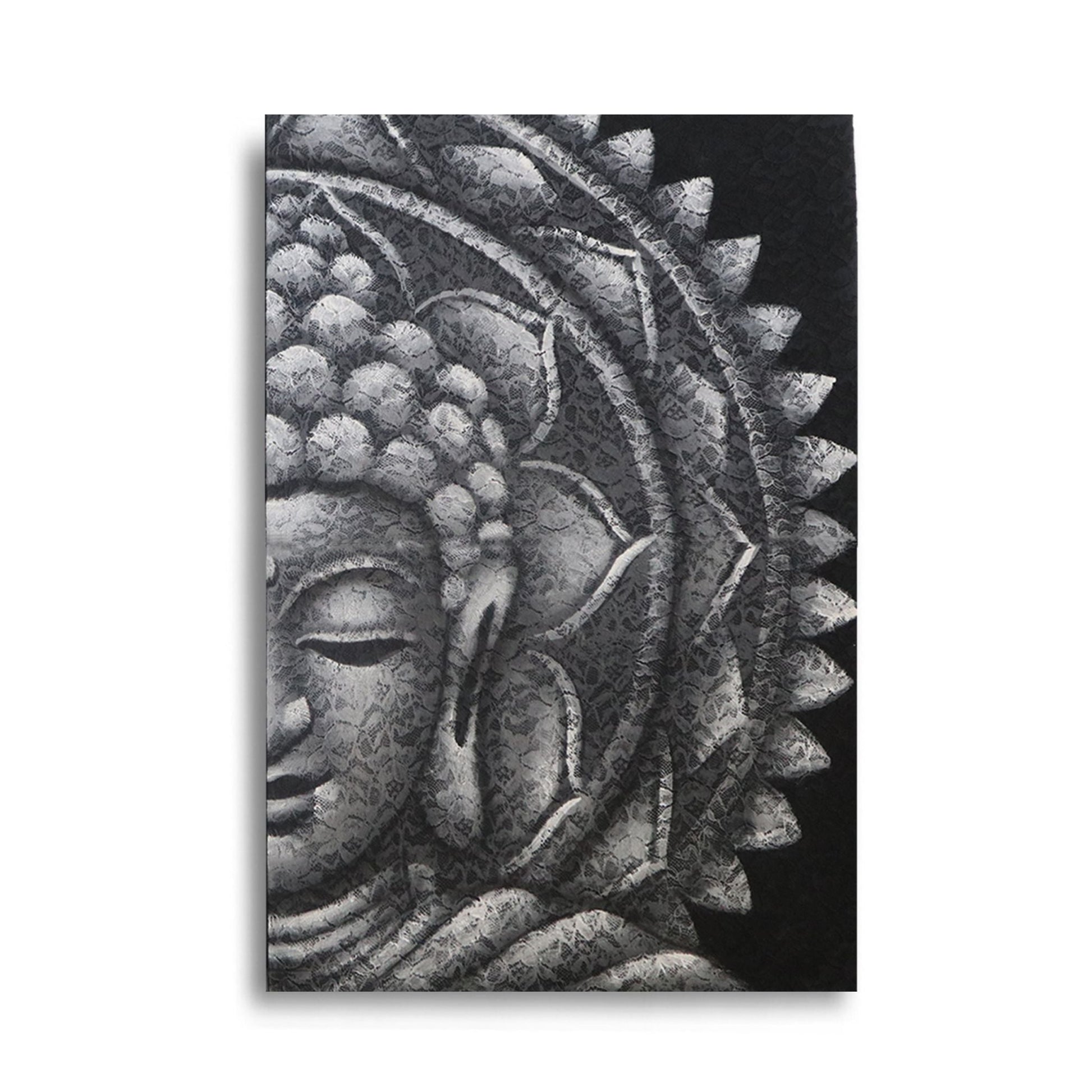 Canvas-Buddha-Mandala-Wandbild – 60x80 CM, dekorative Leinwand mit Buddha-Gesicht und Mandala in Schwarz-Weiß, Rahmen aus Albasia-Holz