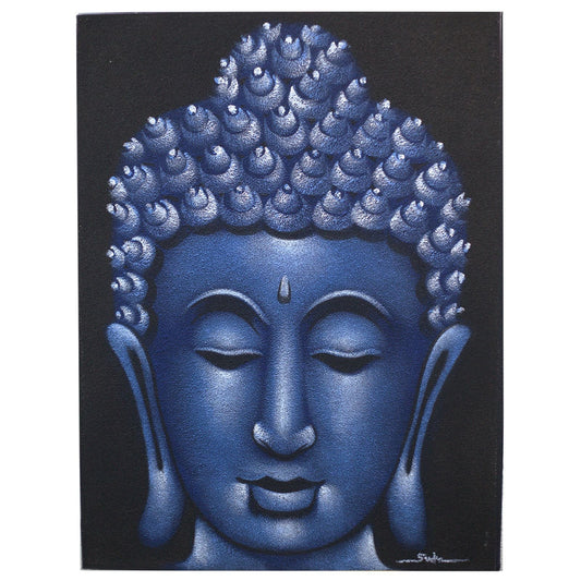 Alt Tag: Canvas Buddha Painting – Blue Sand Finish 80x60 CM, blue Buddha face canvas art with textured curls and Durran wood frame