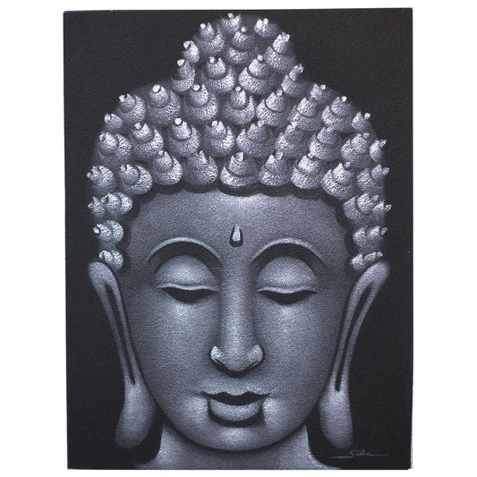Canvas Buddha Painting – Grey Sand Finish 80x60 CM, pintura de Buda en lienzo con acabado arena gris y marco de madera, retrato frontal