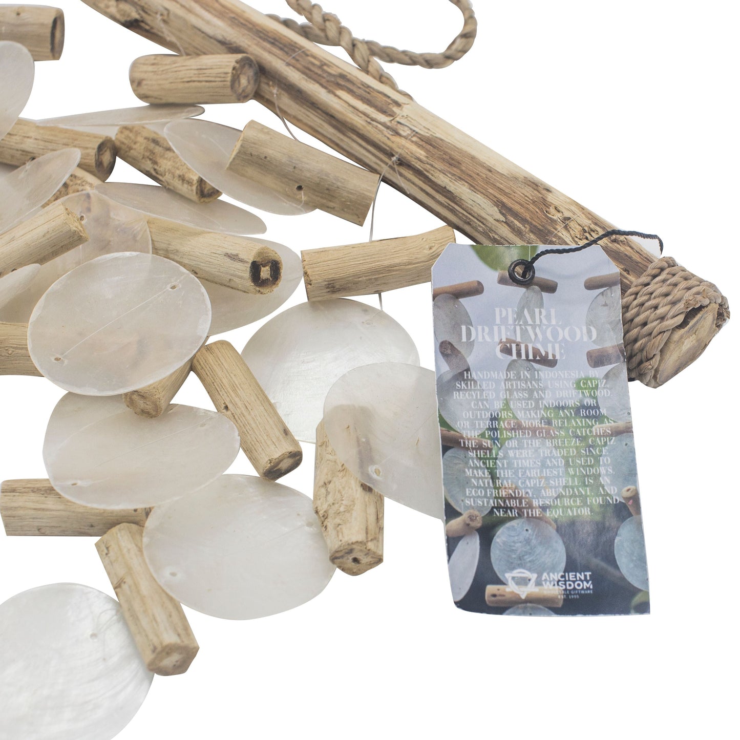 Capiz Shell Driftwood Chime – 31x20 CM with capiz shell discs, driftwood and pinewood beads, natural hanging decor close-up