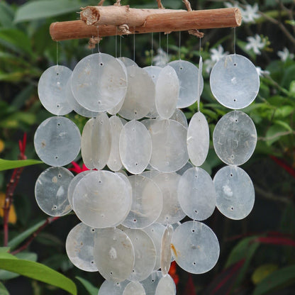 Capiz Shell Driftwood Chime – 20x46 CM handcrafted Indonesian wind chime with capiz shell discs and driftwood hanger
