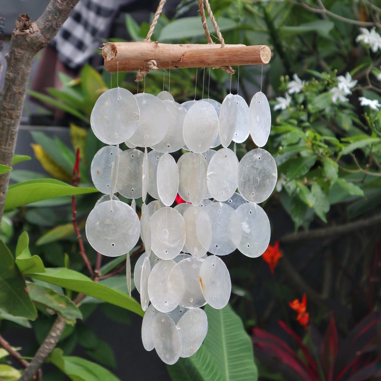 Capiz Shell Driftwood Chime – 20x46 CM colgante con discos de concha capiz y barra de madera, decoracion para jardin o terraza