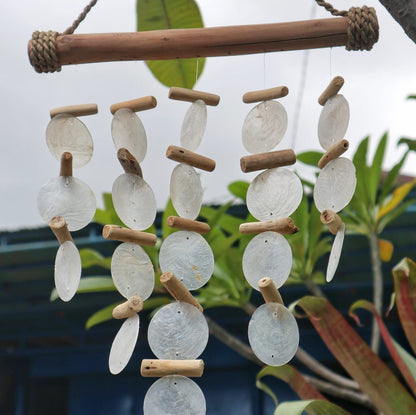 Alt Tag: Capiz Shell Driftwood Chime – 31x20 CM with capiz shell discs and driftwood pieces hanging outdoors