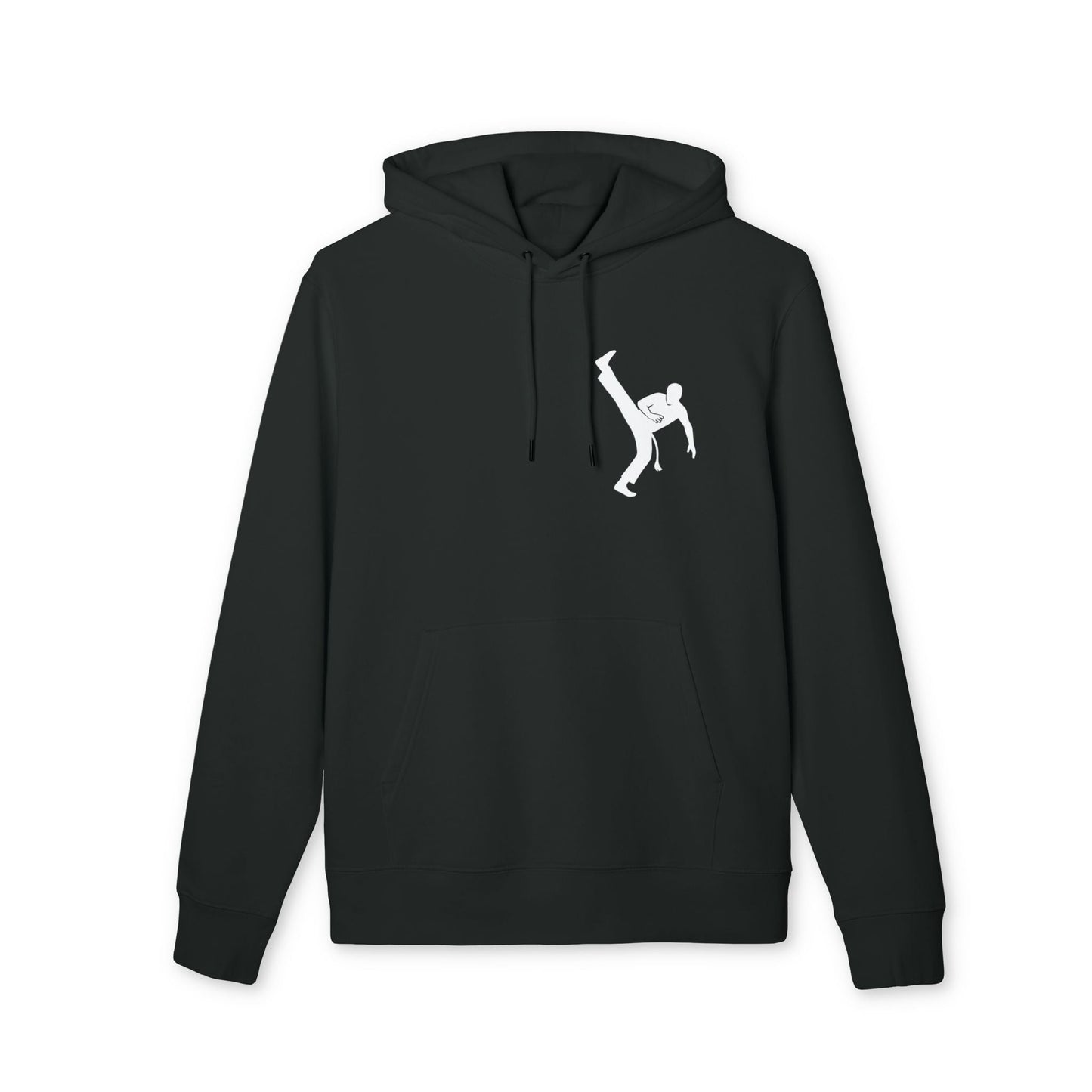 Alt Tag: Capoeria Kick 100% Organic Cotton Hoodie black pullover with hood and drawstrings, white capoeira kick silhouette graphic