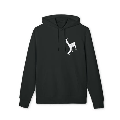 Alt Tag: Capoeria Kick 100% Organic Cotton Hoodie black pullover with hood and drawstrings, white capoeira kick silhouette graphic