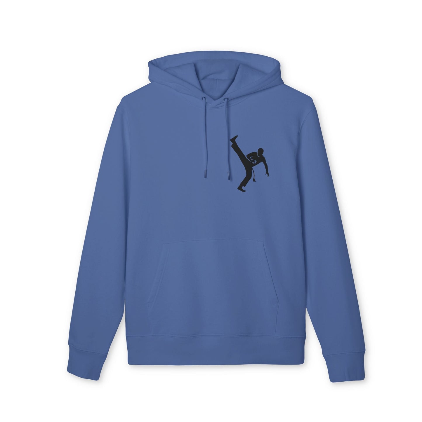 Alt Tag: Capoeria Kick 100% Organic Cotton Hoodie blue pullover with hood and black capoeira kick silhouette graphic