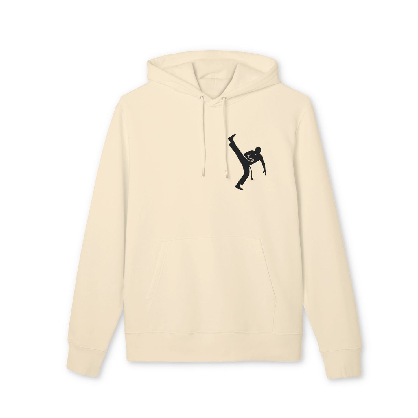 Capoeria Kick 100% Organic Cotton Hoodie color crema con capucha y cordón, gráfico de patada de capoeira en el pecho