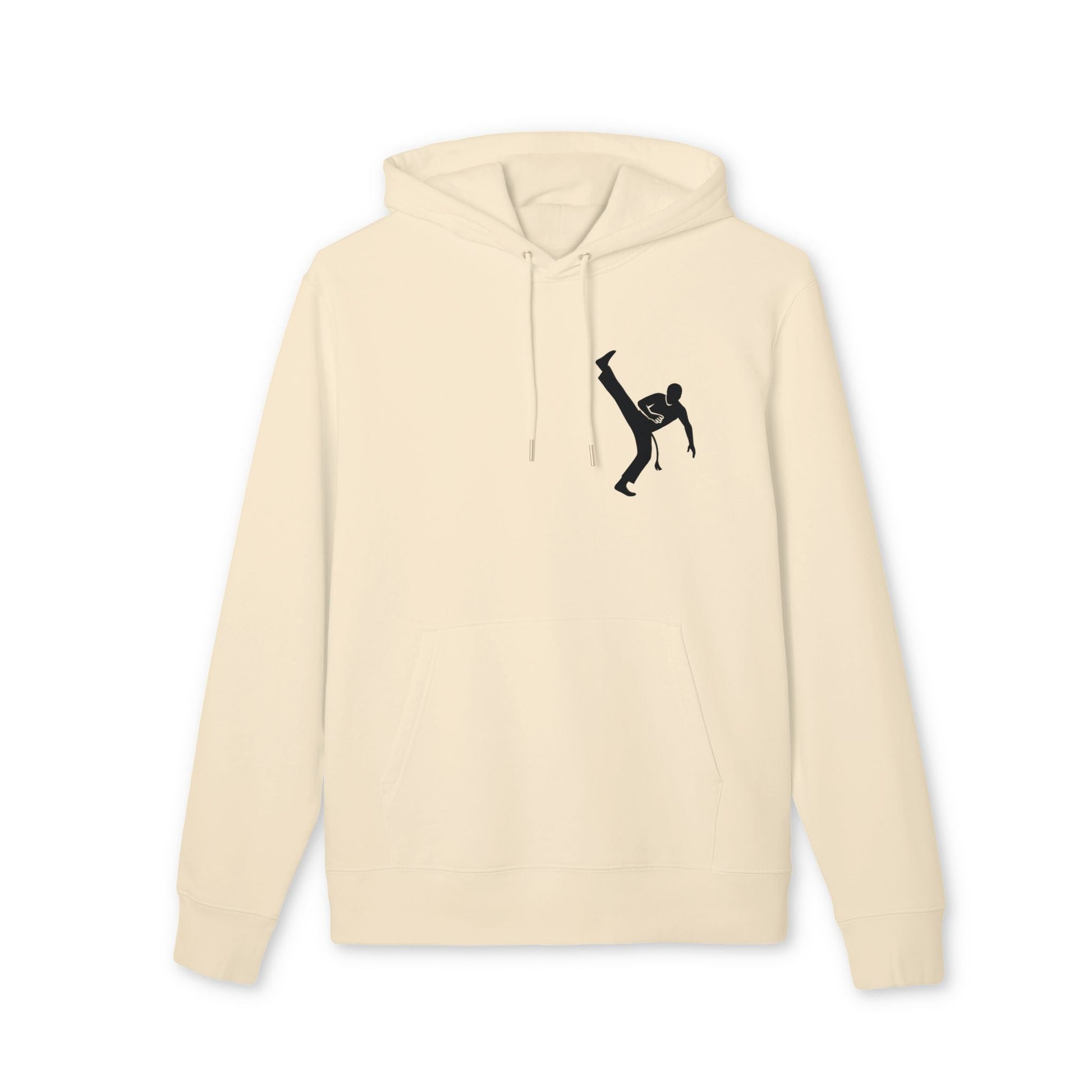 Capoeria Kick 100% Organic Cotton Hoodie color crema con capucha y cordón, gráfico de patada de capoeira en el pecho