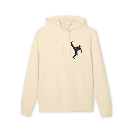 Capoeria Kick 100% Organic Cotton Hoodie color crema con capucha y cordón, gráfico de patada de capoeira en el pecho