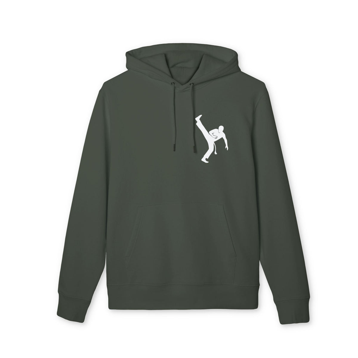 Alt Tag: Capoeria Kick 100% Organic Cotton Hoodie in dark green with hood and drawstrings, featuring white capoeira kick silhouette graphic